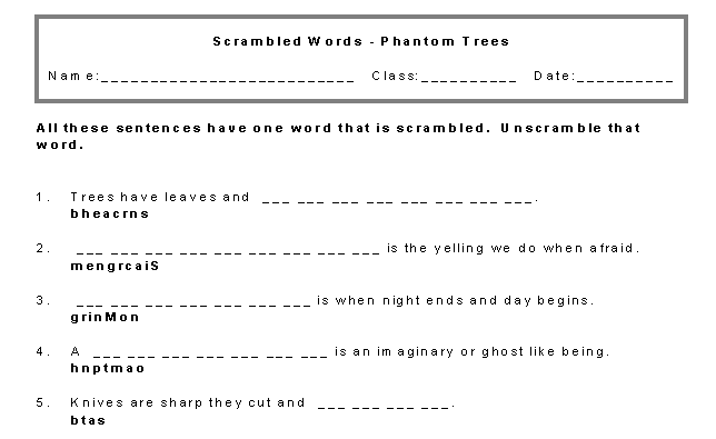 Phantom Trees Scrambled Words no hints