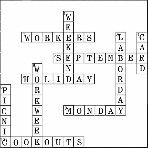 Labor Day Kids Easy Cross Word solution