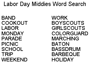 Labor Day Middies Words to find.
