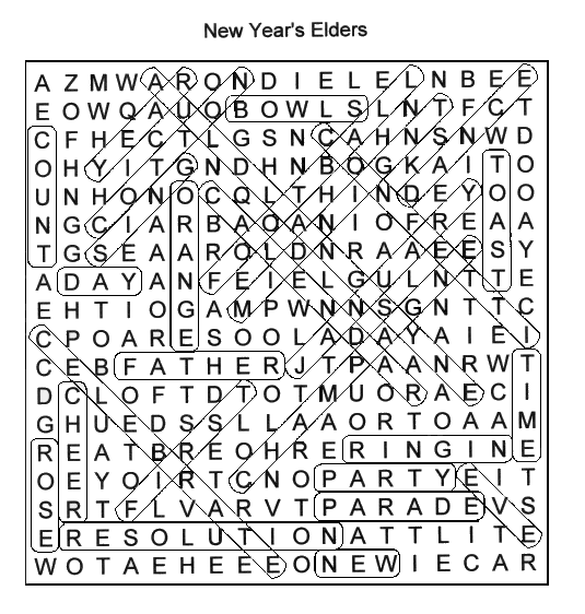 Solution to Deluxe New Year's Word Search Puzzle.