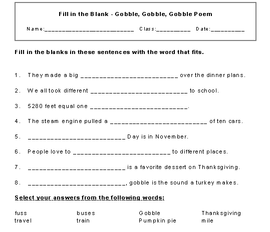 Gobble Poem Fill-in Activity