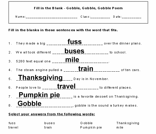 Gobble Poem Fill-in Activity Solution