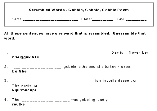 Gobble Revised Poem Scrambled words with no hints