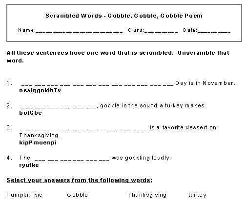 Gobble Revised Poem Scrambled words with hints