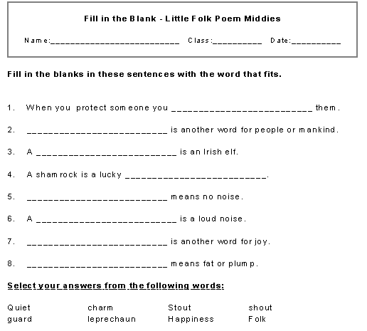 Little Folk Middies Poem Fill-in Activity