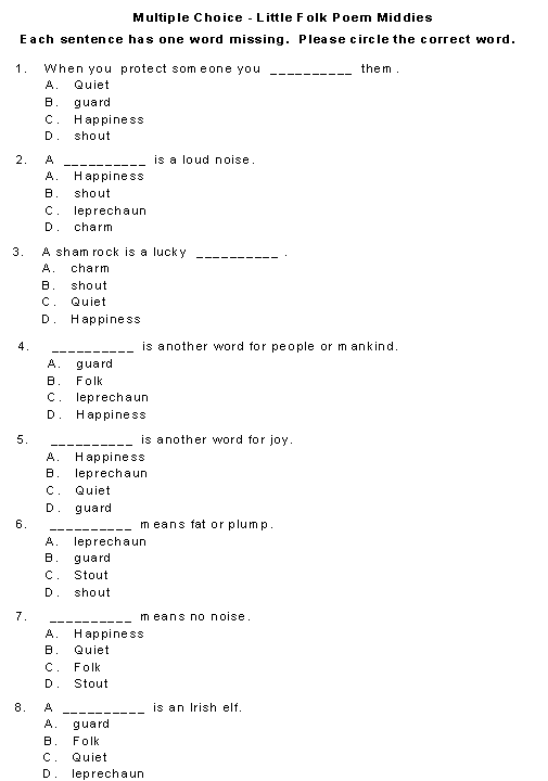 Little Folk Middies Multiple Choice Questions