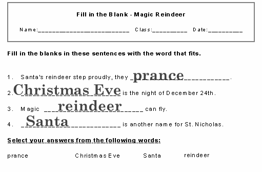 Magic Reindeer Poem Fill-in Activity solution