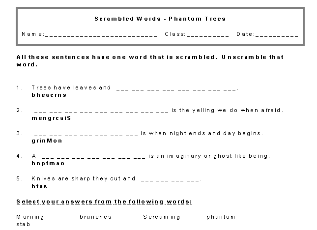 Phantom Trees Scrambled Words with hints