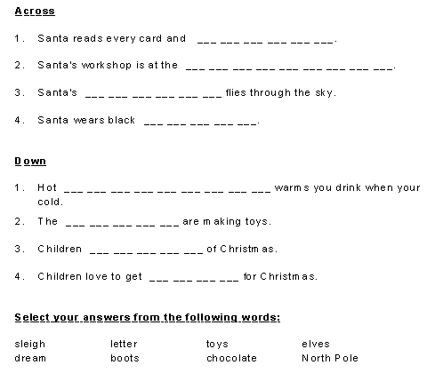 Santa's Workshop Crossword Sentence fill IN Puzzle clues