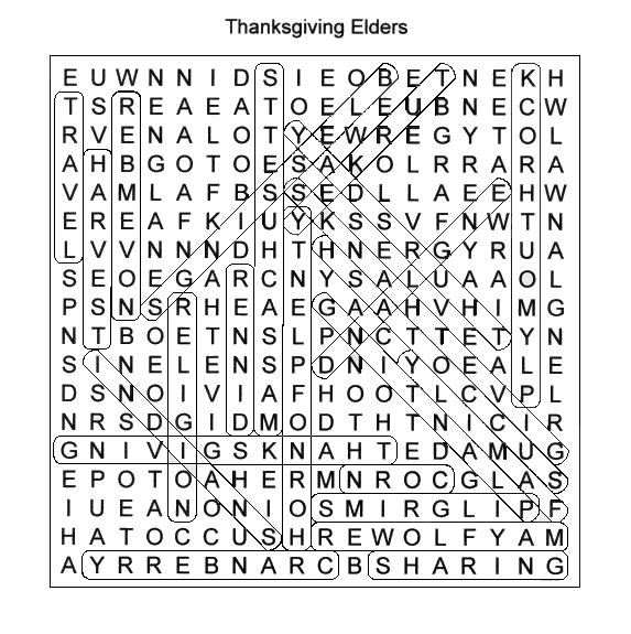 Solution to Elders Thanksgiving Day Word Search puzzle.