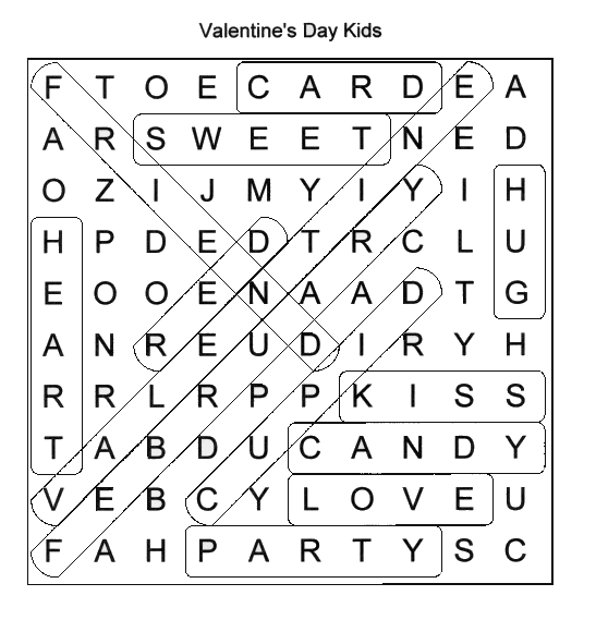 Valentine's Day Kids Word Search Solution